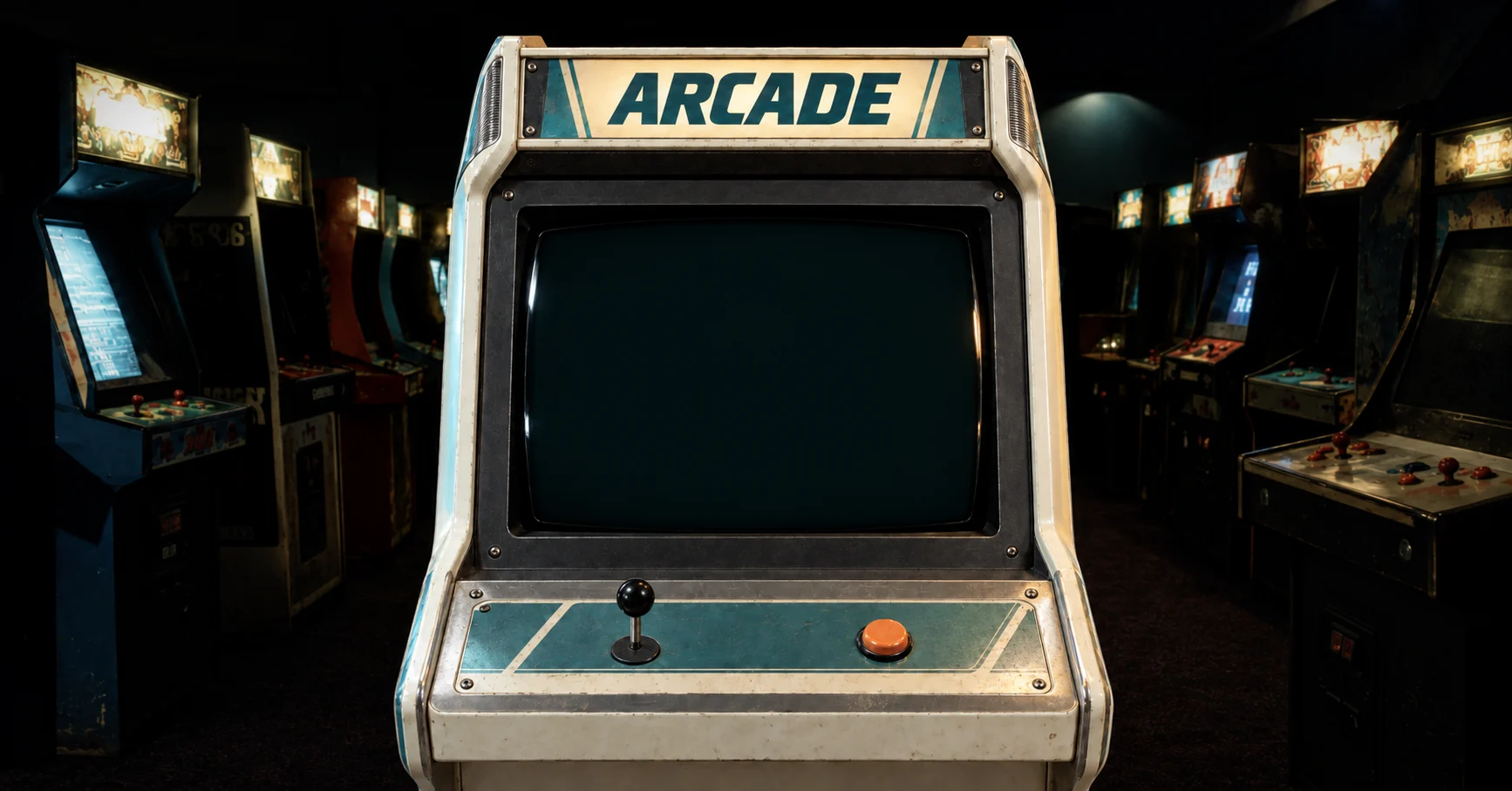 A weathered cream and teal arcade cabinet, surrounded by glowing machines in a dark arcade.